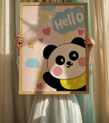 Panda illustration with playful elements and pastel colors