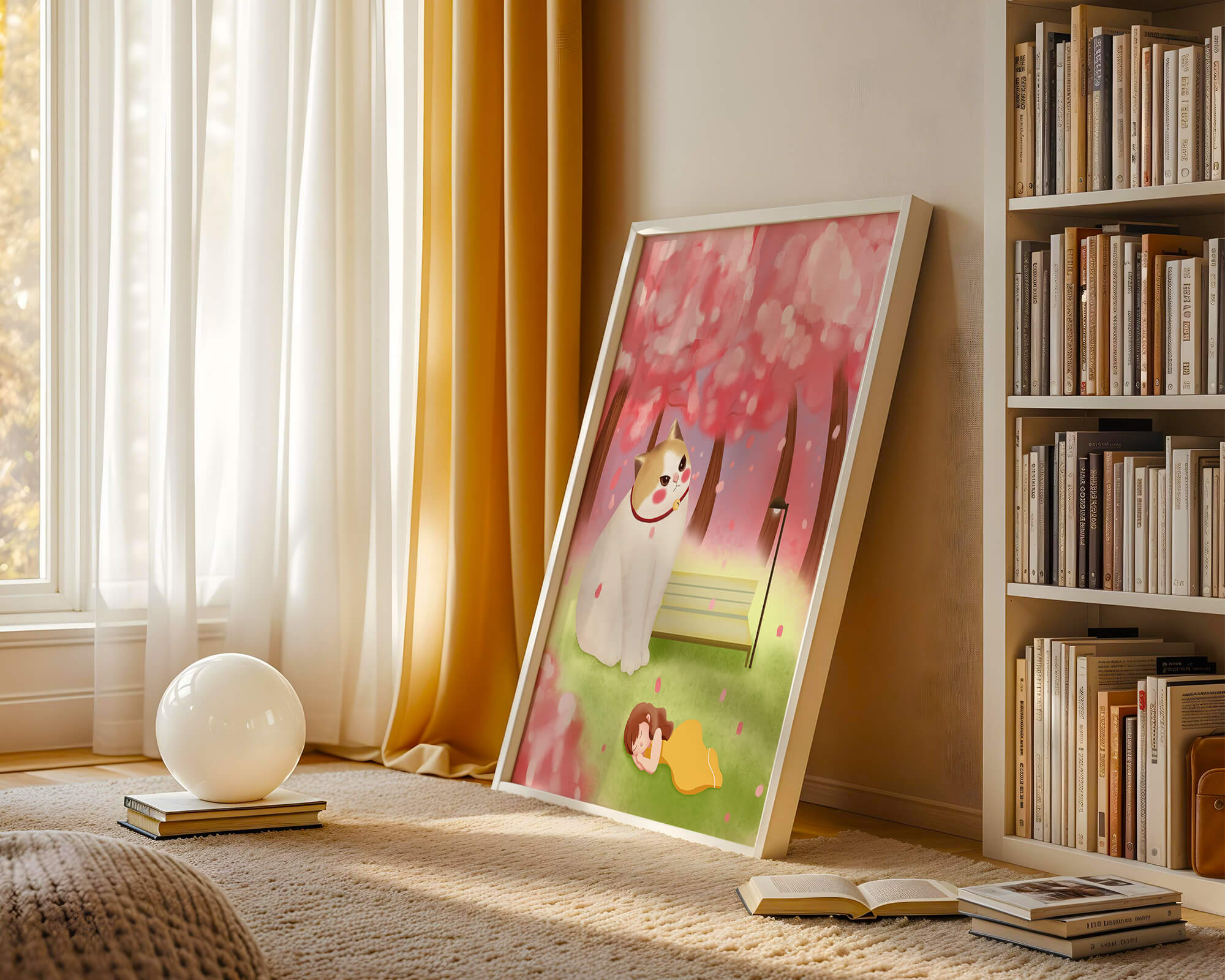 Whimsical scene with giant cat and girl under cherry blossoms