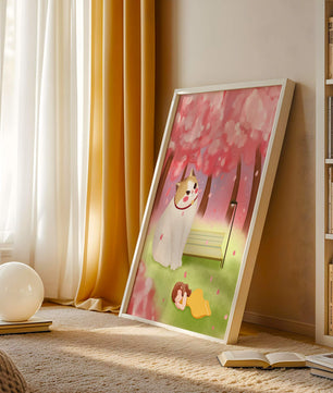 Whimsical scene with giant cat and girl under cherry blossoms