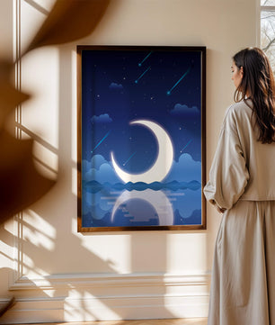 Serene night sky with crescent moon reflecting on water