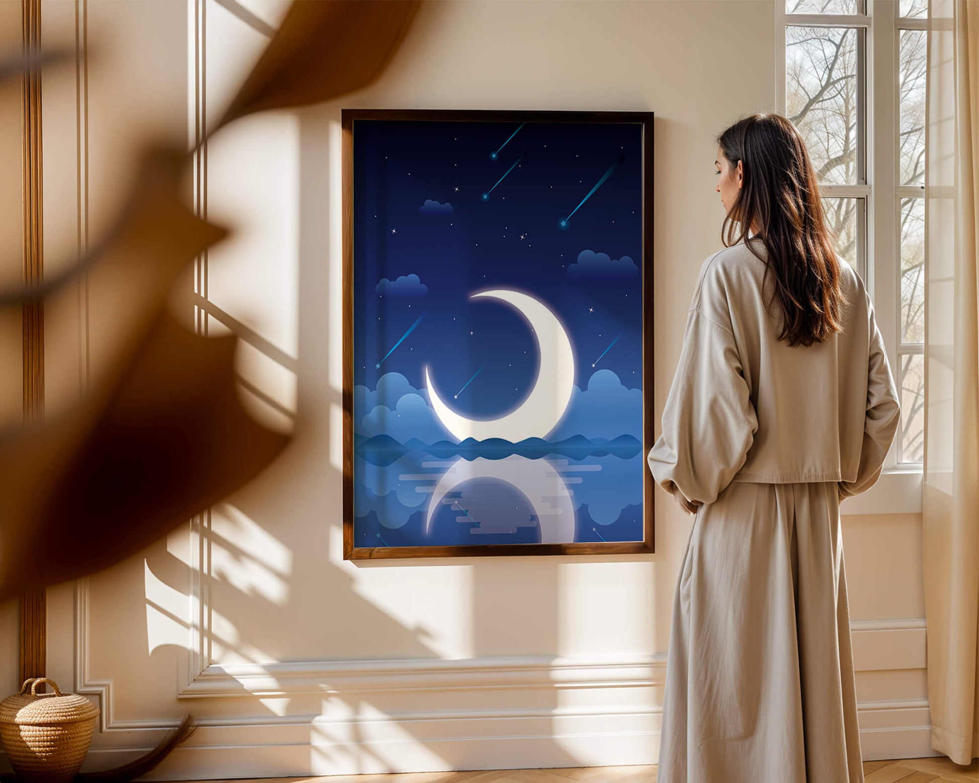 Serene night sky with crescent moon reflecting on water
