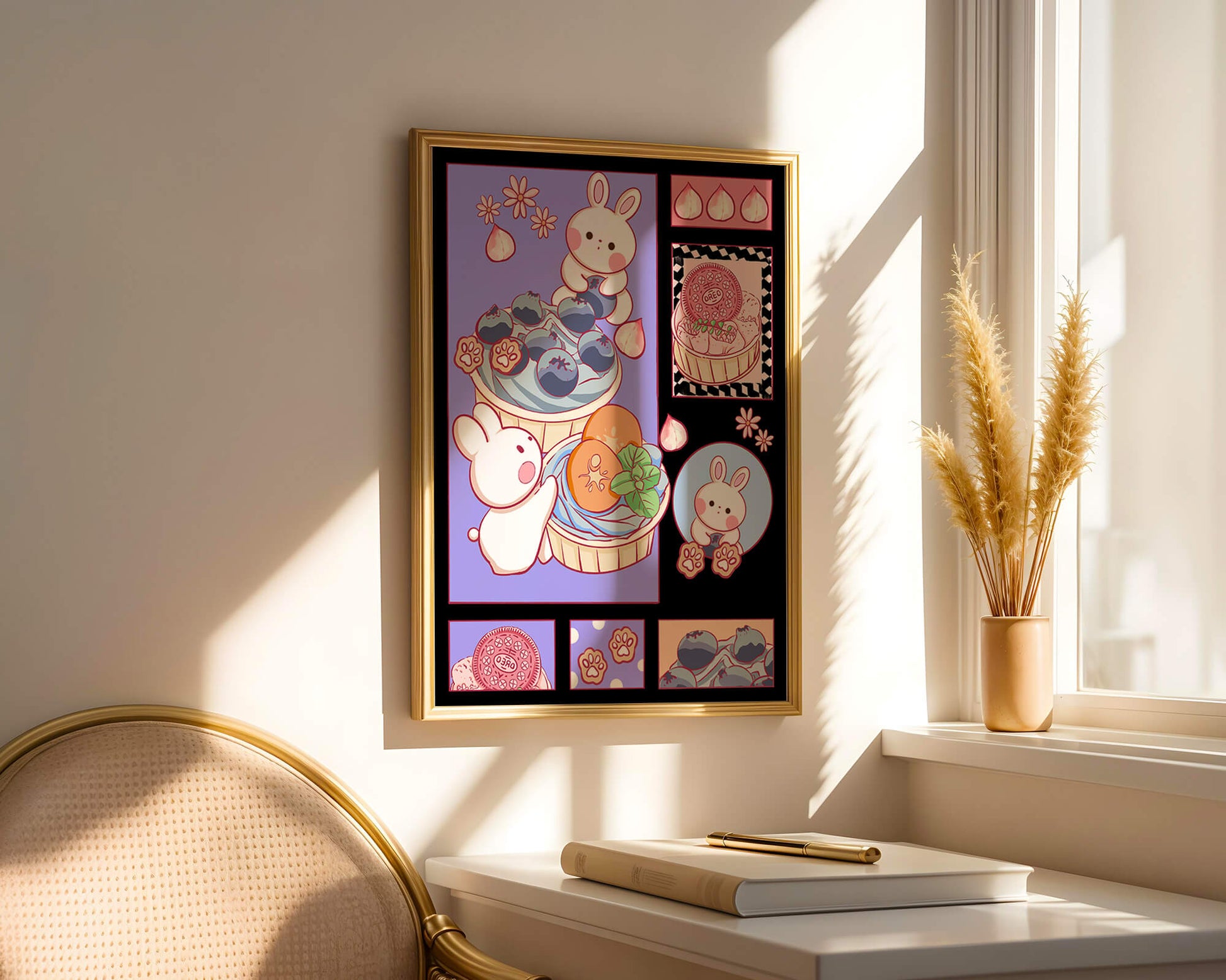 Conejos de dibujos animados encantadores con postres y arándanos