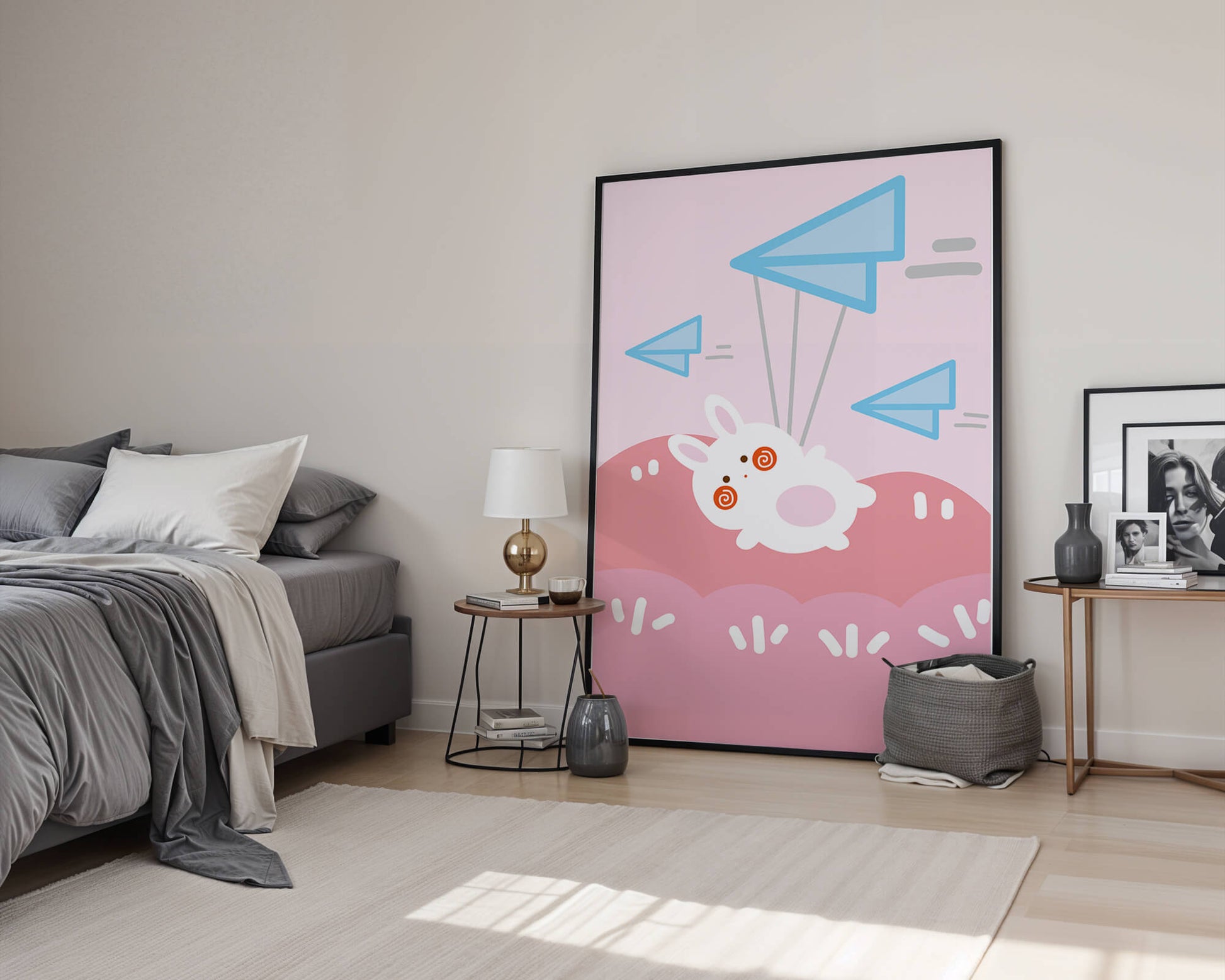 Adorable cartoon bunny flying with paper planes on a pink background