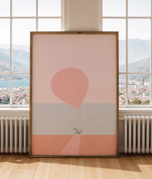 Gato en un paisaje minimalista con globo aerostático