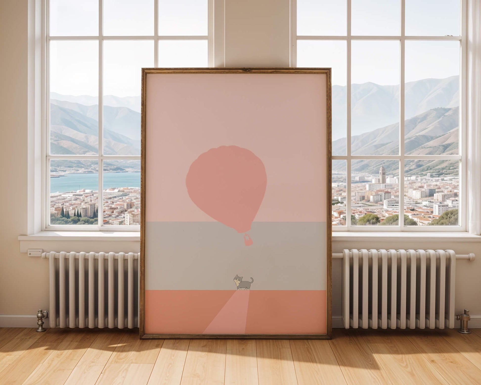 Cat in Minimalist Landscape with Hot Air Balloon