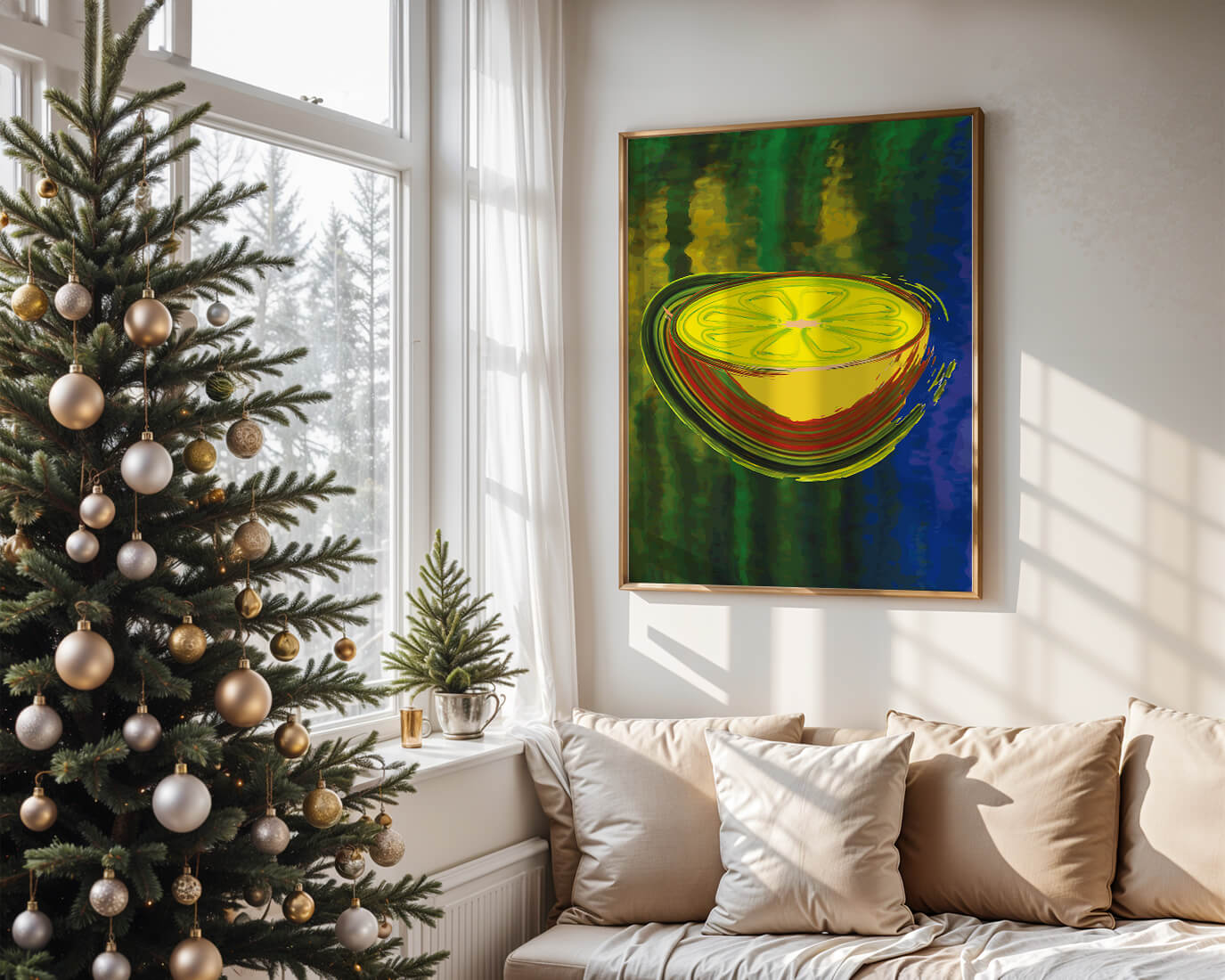 Vibrant abstract lemon slice with a colorful background