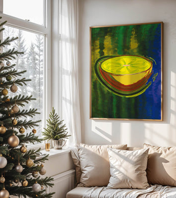 Vibrant abstract lemon slice with a colorful background