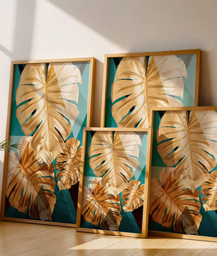 Blätter der Goldenen Monstera auf geometrischem Hintergrund