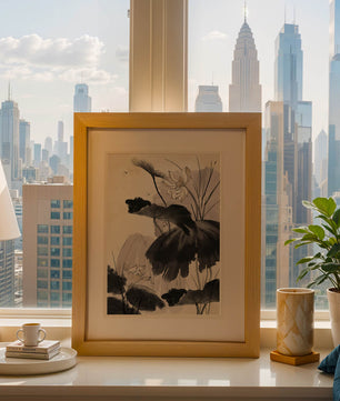 Ilustración botánica serena con flores de loto y libélulas