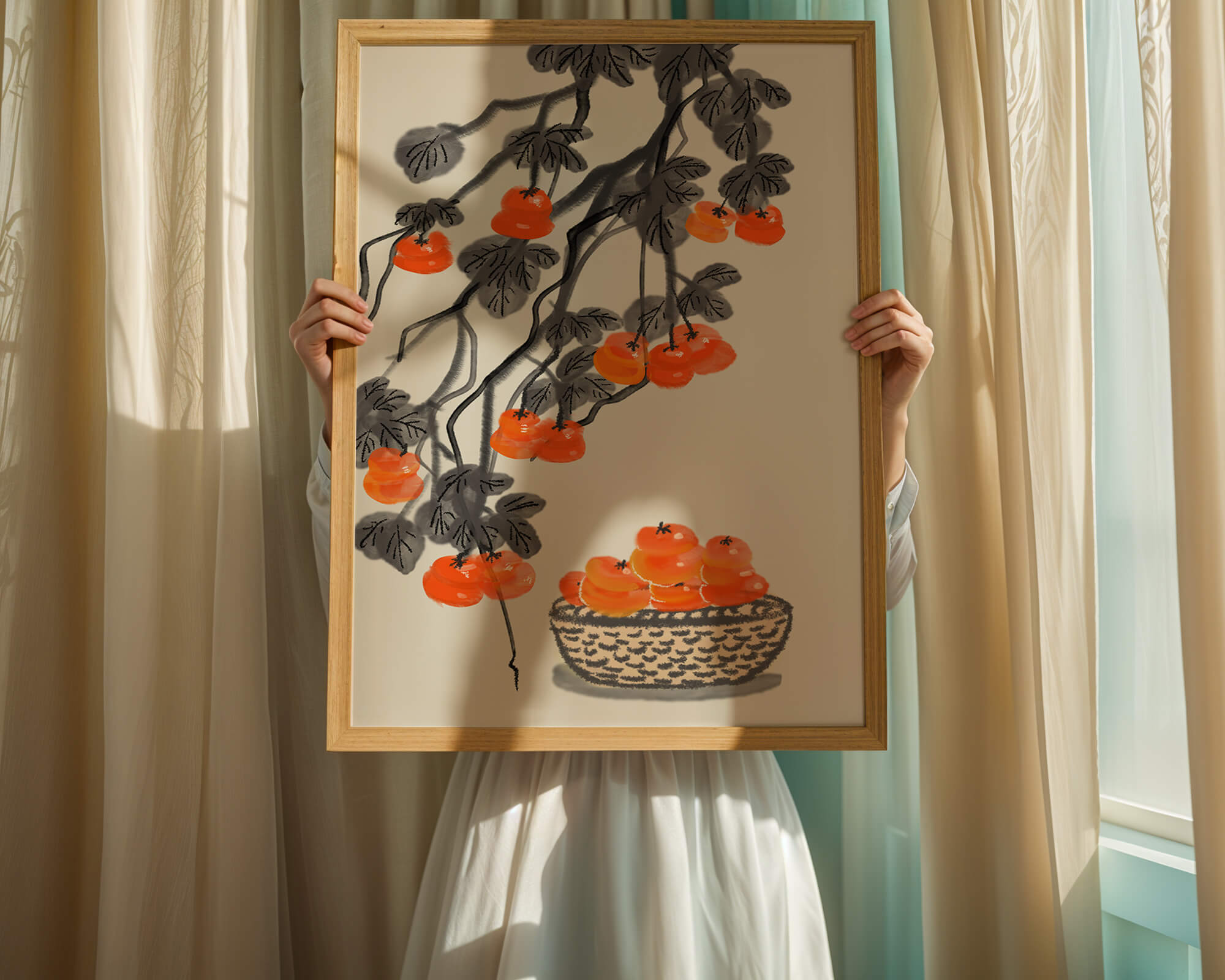 Artistic depiction of hanging persimmons with basket on watercolor canvas