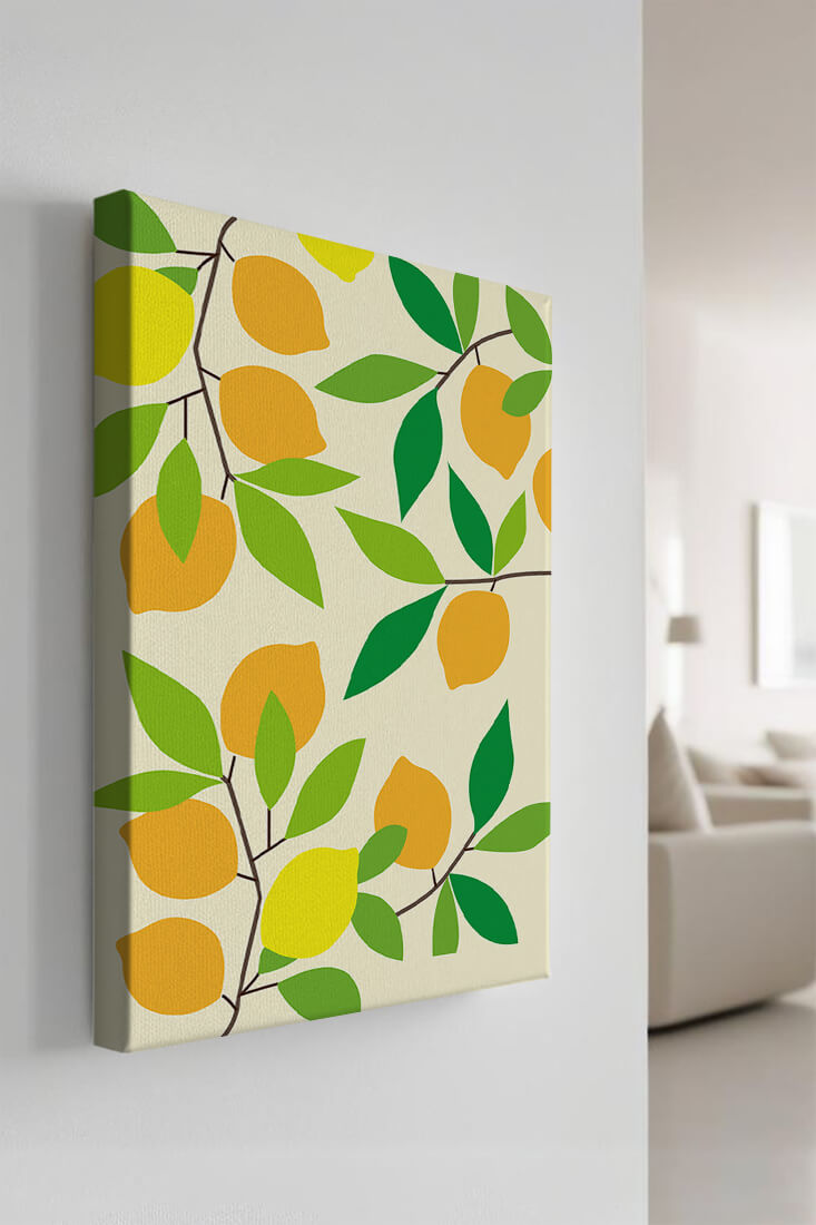 Vibrant lemon pattern with colorful leaves and citrus fruits