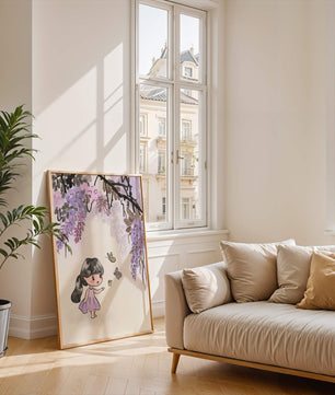 Charmante Illustration eines kleinen Mädchens mit Schmetterlingen und Glyzinienblüten