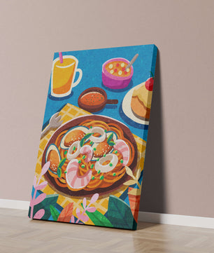 Escena ilustrativa de desayuno colorida con pasta y bebidas