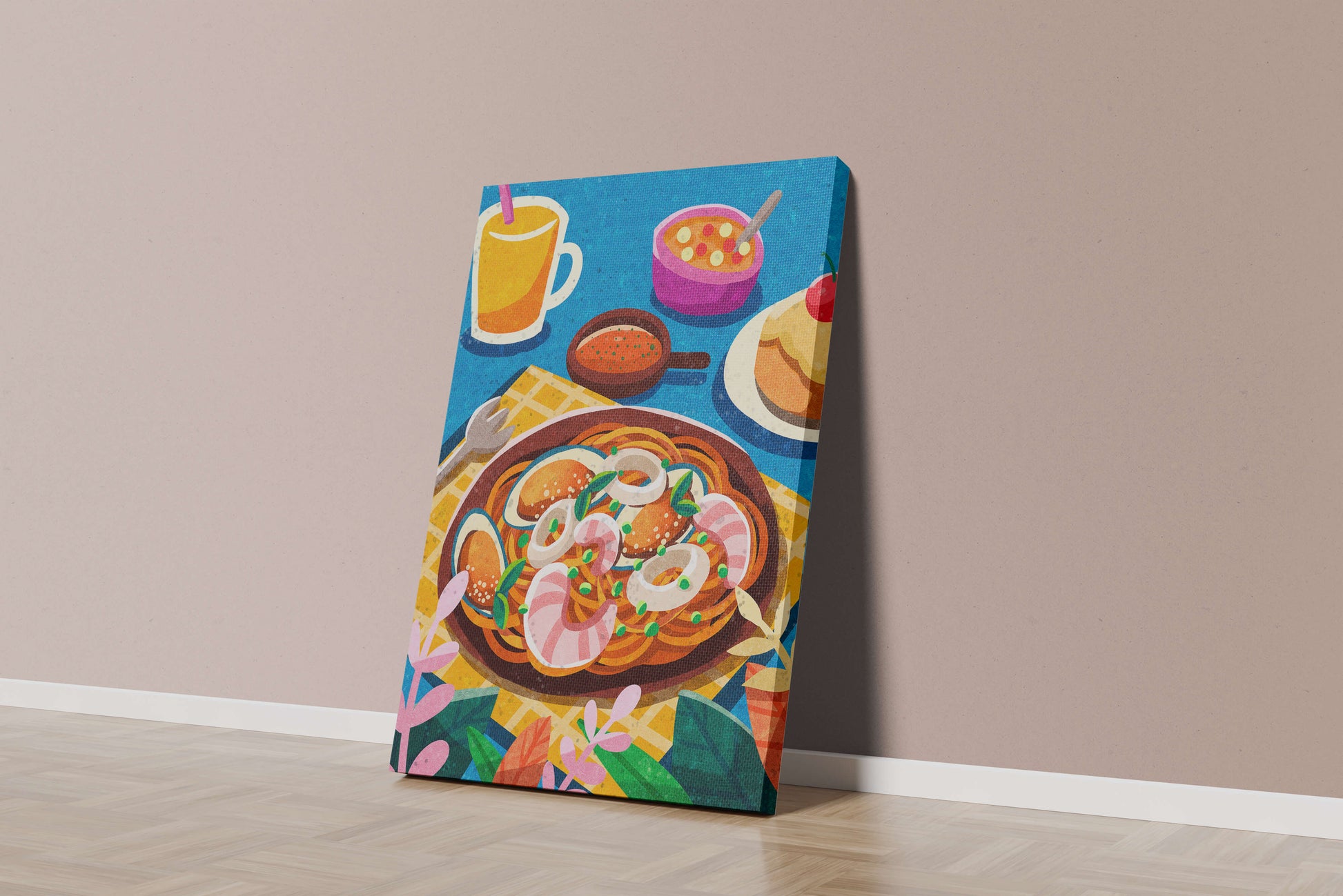 Colorful Illustrative Breakfast Scene with Pasta and Drinks