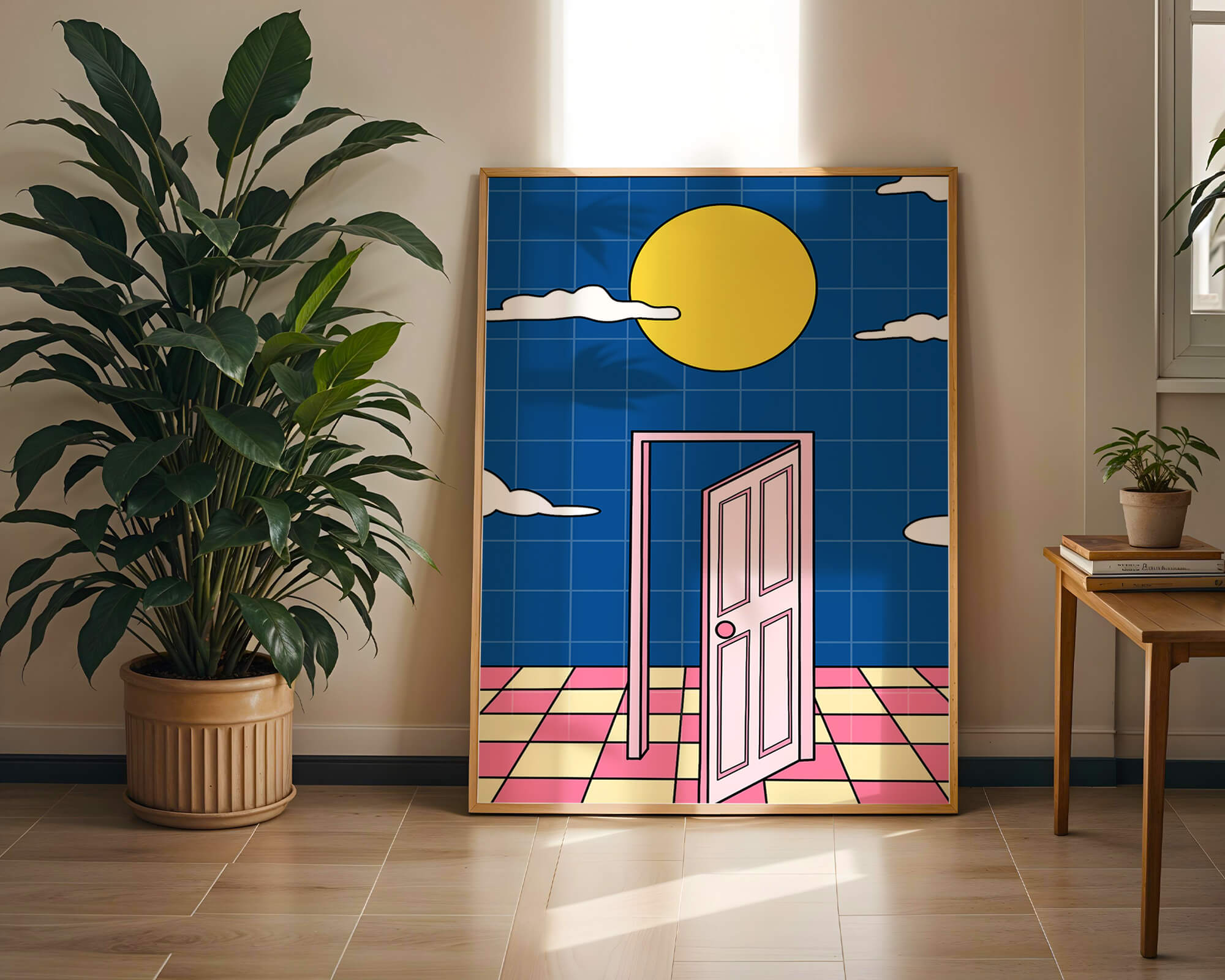 Surreal doorway with pink door under yellow sun and blue sky