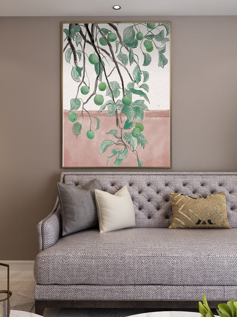 Branches With Green Apples And Leaves Over Pink Background