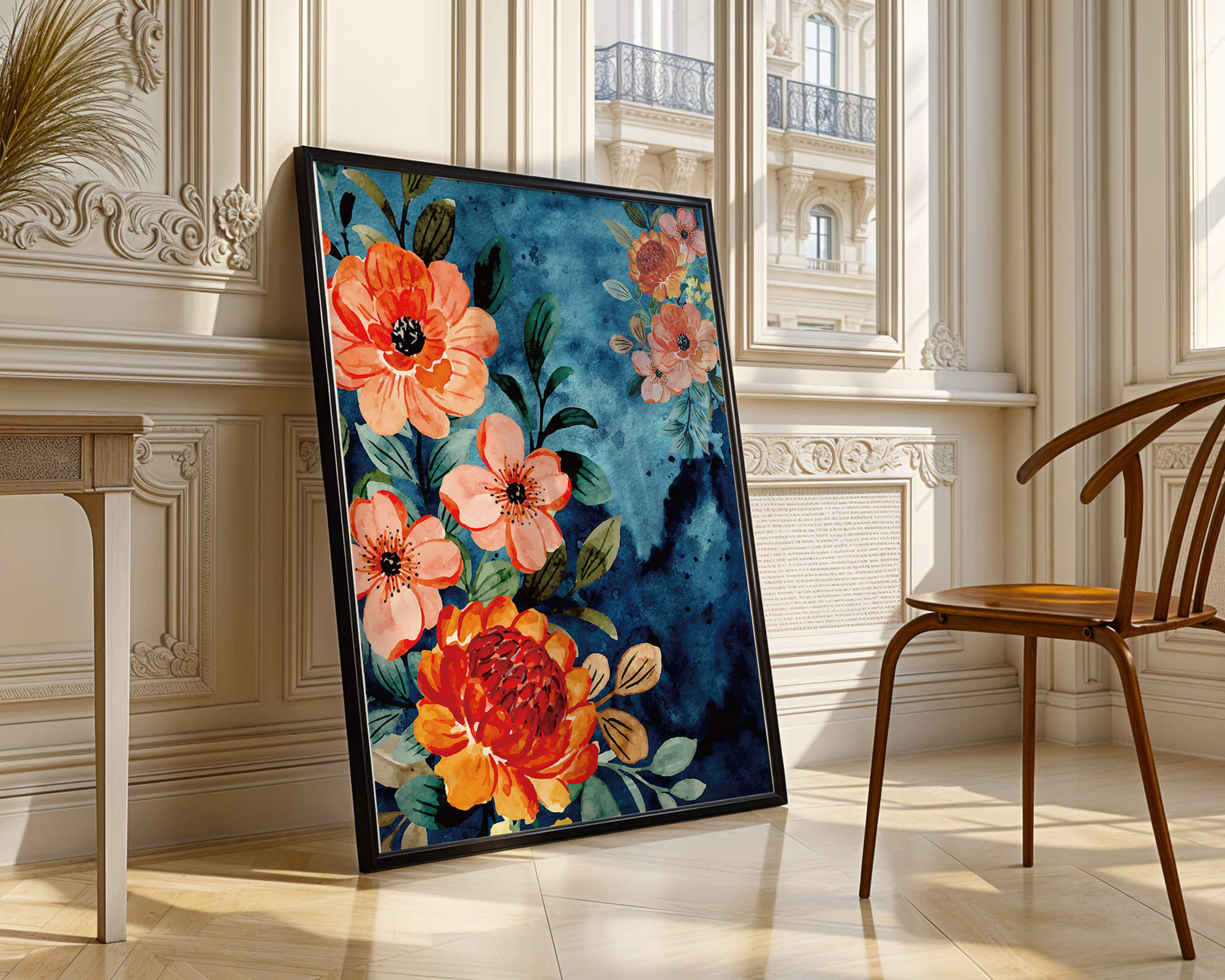 Vibrant floral watercolor design with orange blossoms and blue background