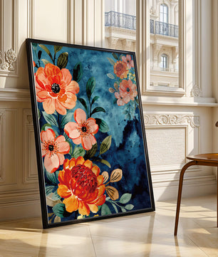 Vibrant floral watercolor design with orange blossoms and blue background