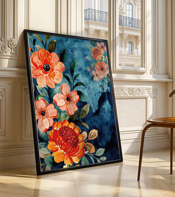 Vibrant floral watercolor design with orange blossoms and blue background
