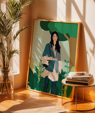 Illustrative portrait of a woman in a stylish outfit with nature backdrop