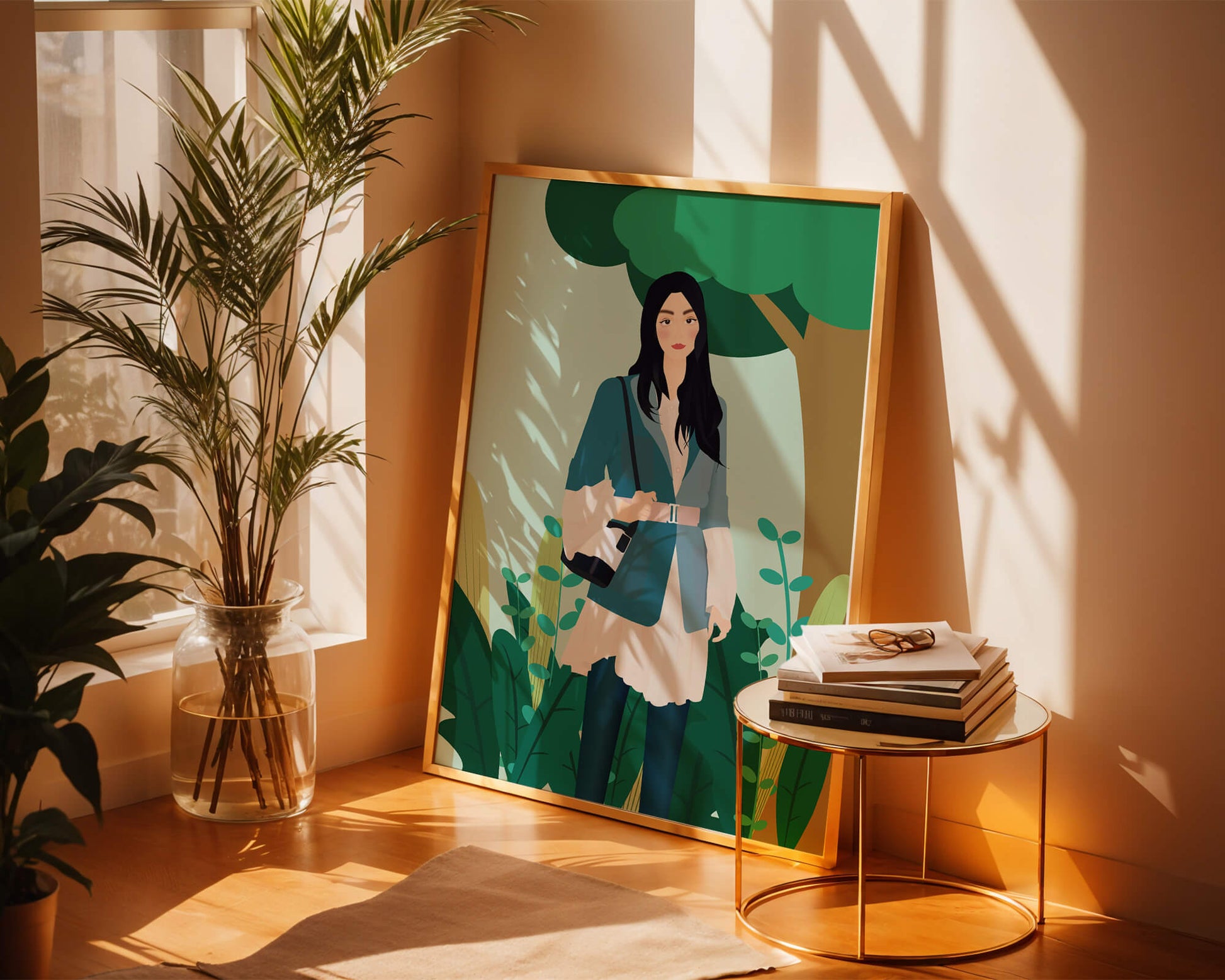 Illustrative portrait of a woman in a stylish outfit with nature backdrop