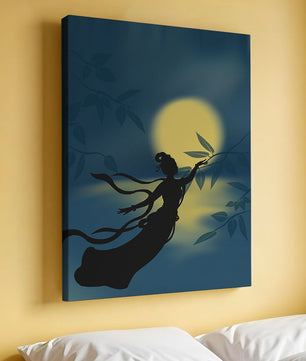 Silhouette of a Woman Reaching for Leaves in Front of a Full Moon