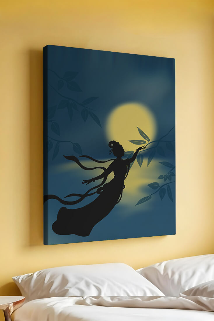 Silhouette of a Woman Reaching for Leaves in Front of a Full Moon