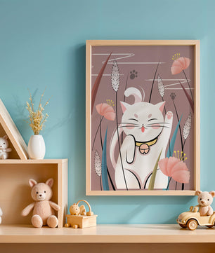 Ilustración de un gato maneki-neko en un entorno de jardín floral