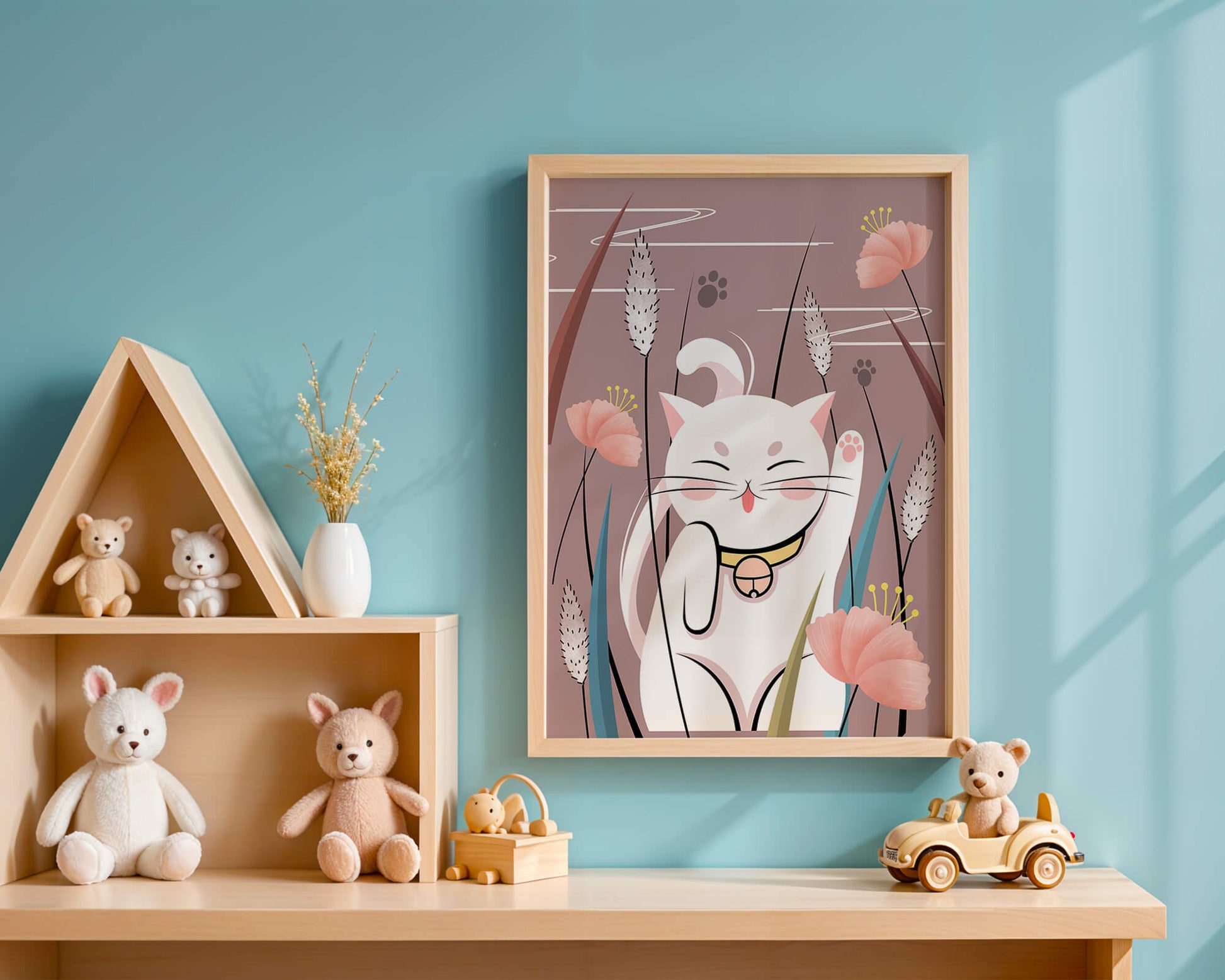 Illustration of a maneki-neko cat in a floral garden setting