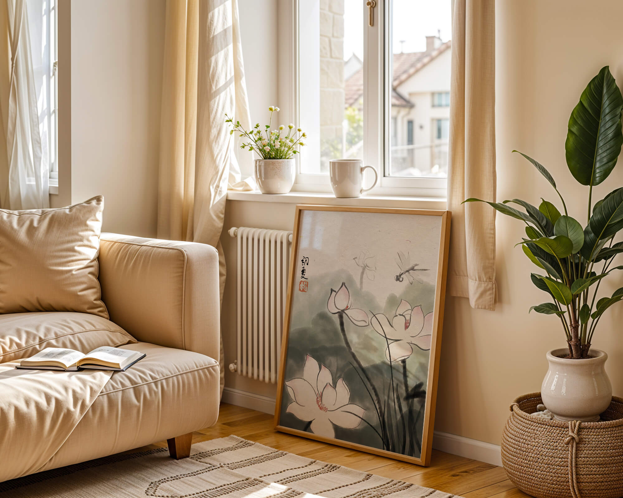 Delicate watercolor of lotus flowers with dragonfly in serene atmosphere