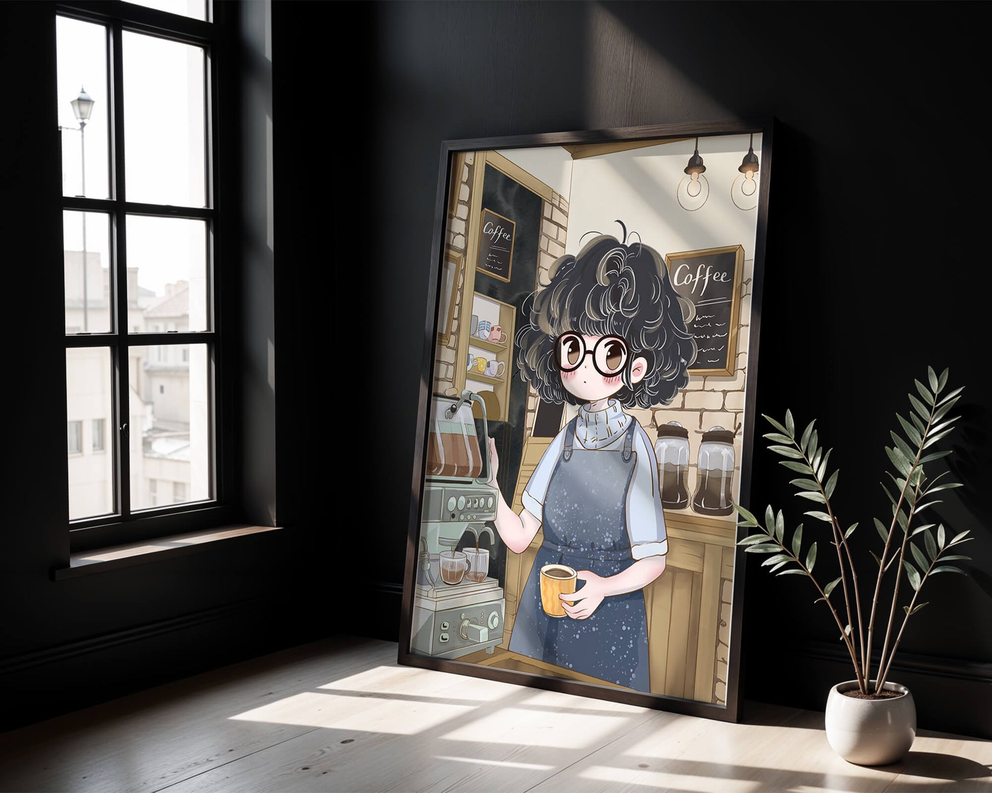 Escena encantadora de café con barista preparando café