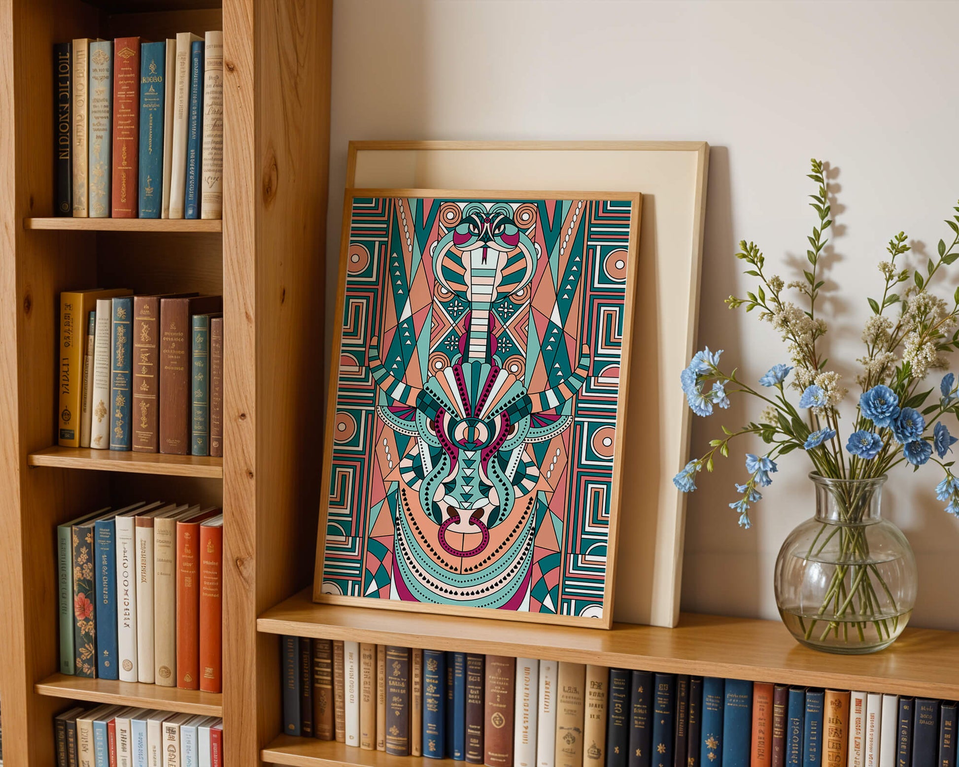 Ilustración art déco geométrica intrincada de serpiente y toro