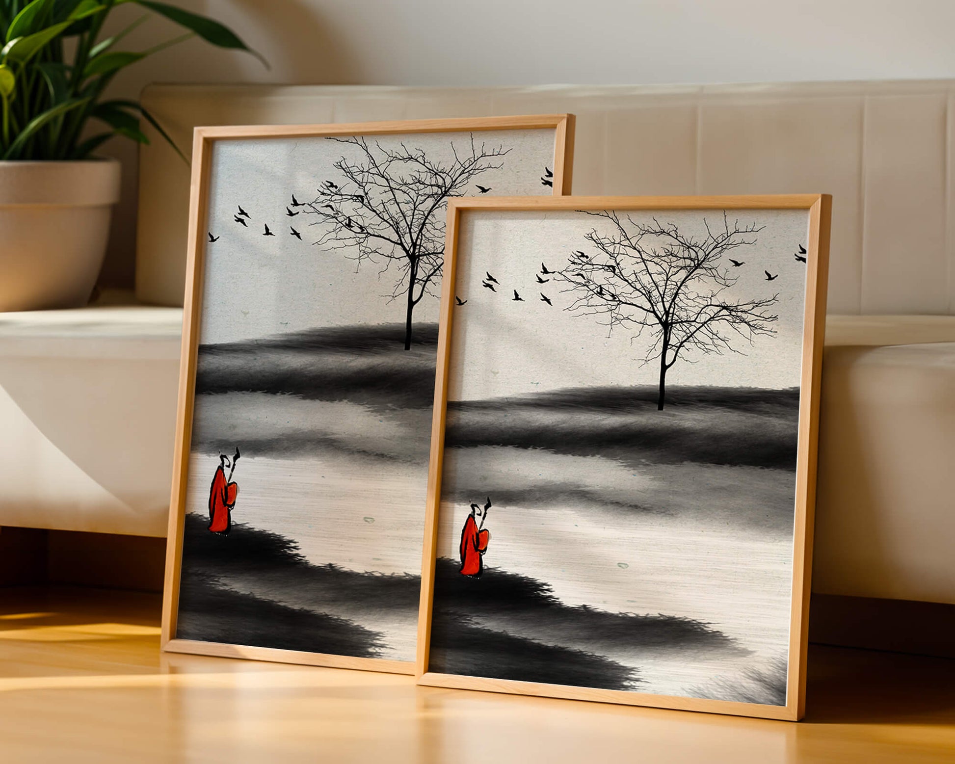 Contemplative Monk with Birds and Bare Tree in Serene Landscape