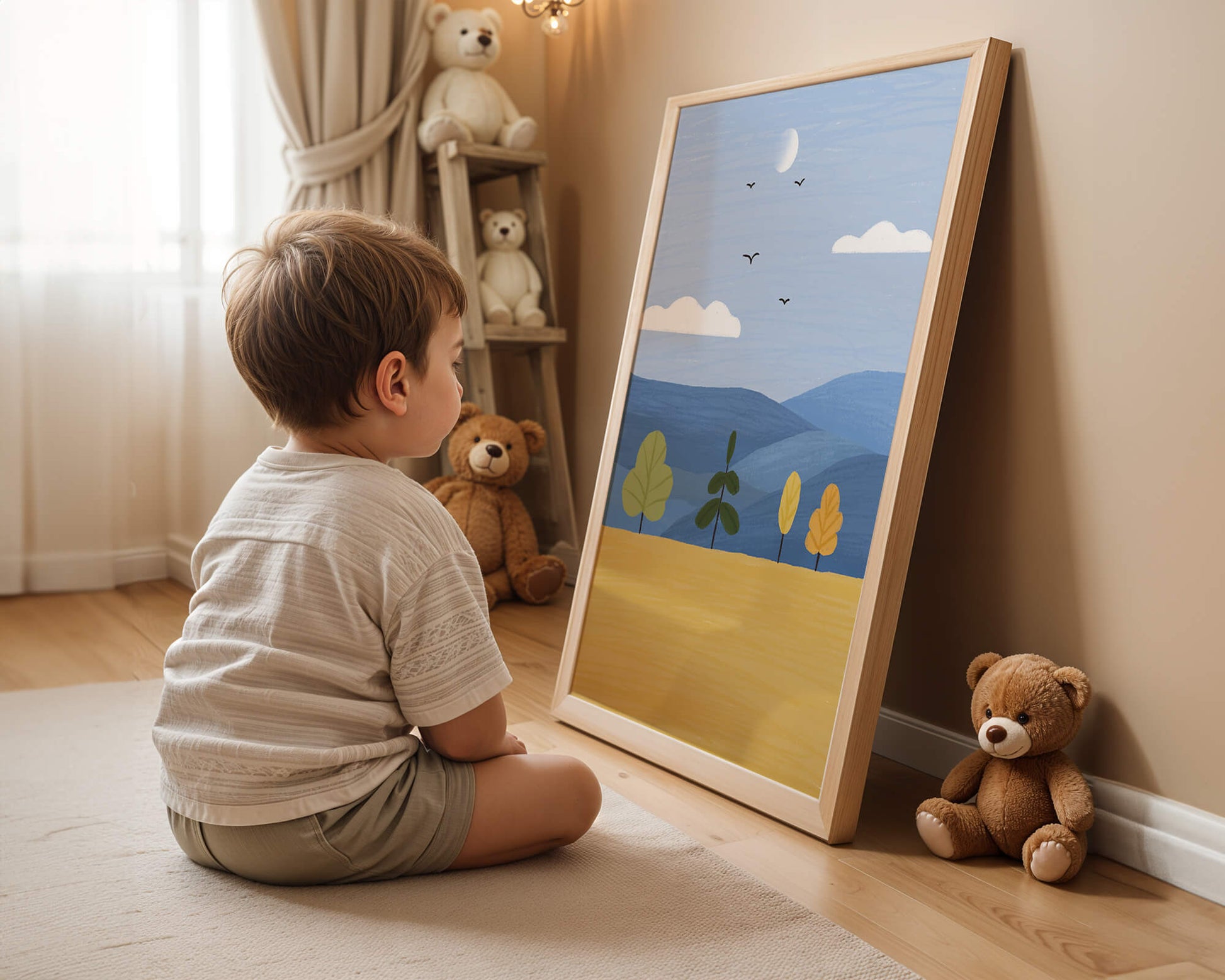 Paisaje colorido con árboles y aves en un campo sereno