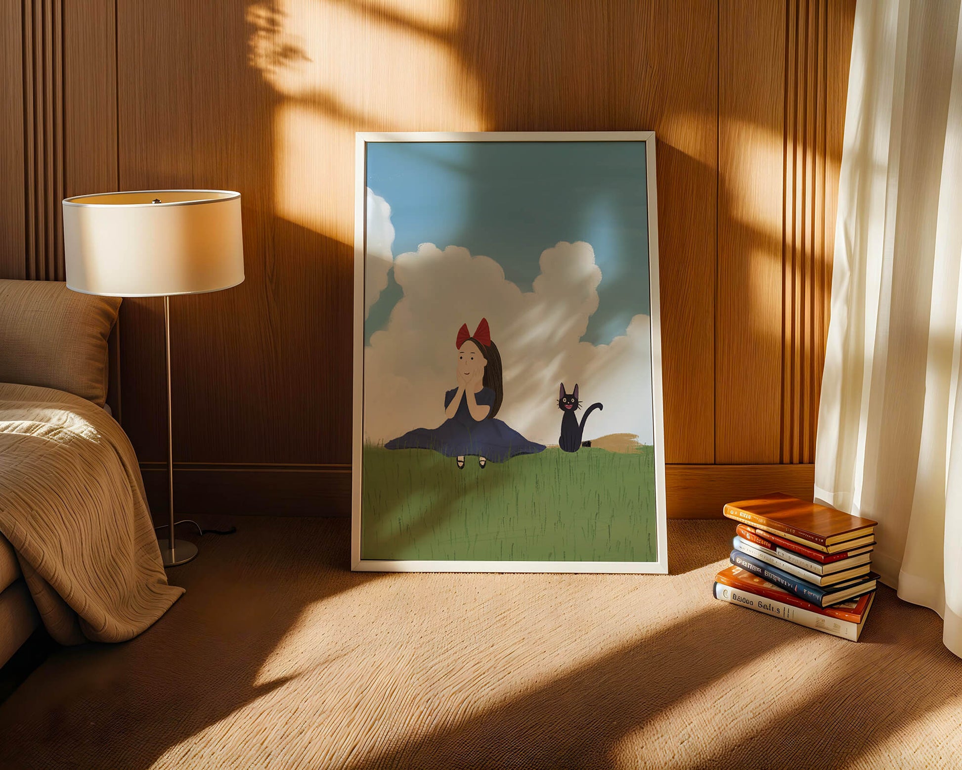 Girl with Red Bow and Cat in Lush Green Meadow