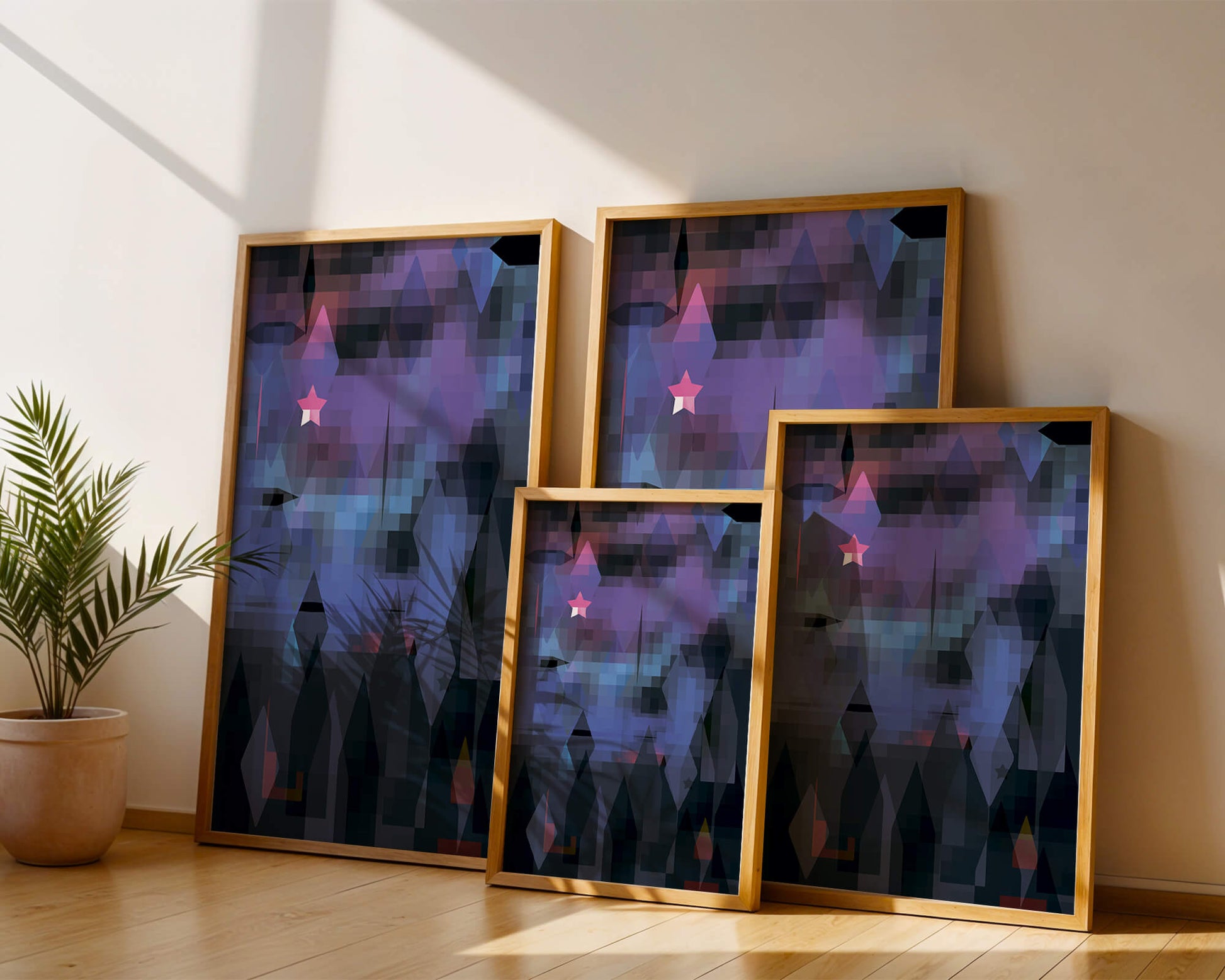 Geometrische abstrakte Kunst in lebhaften Blau- und Lilatönen