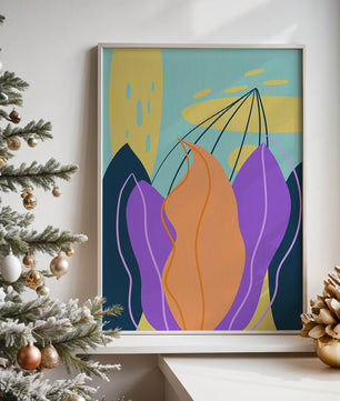 Abstract floral illustration with vibrant colors and geometric shapes