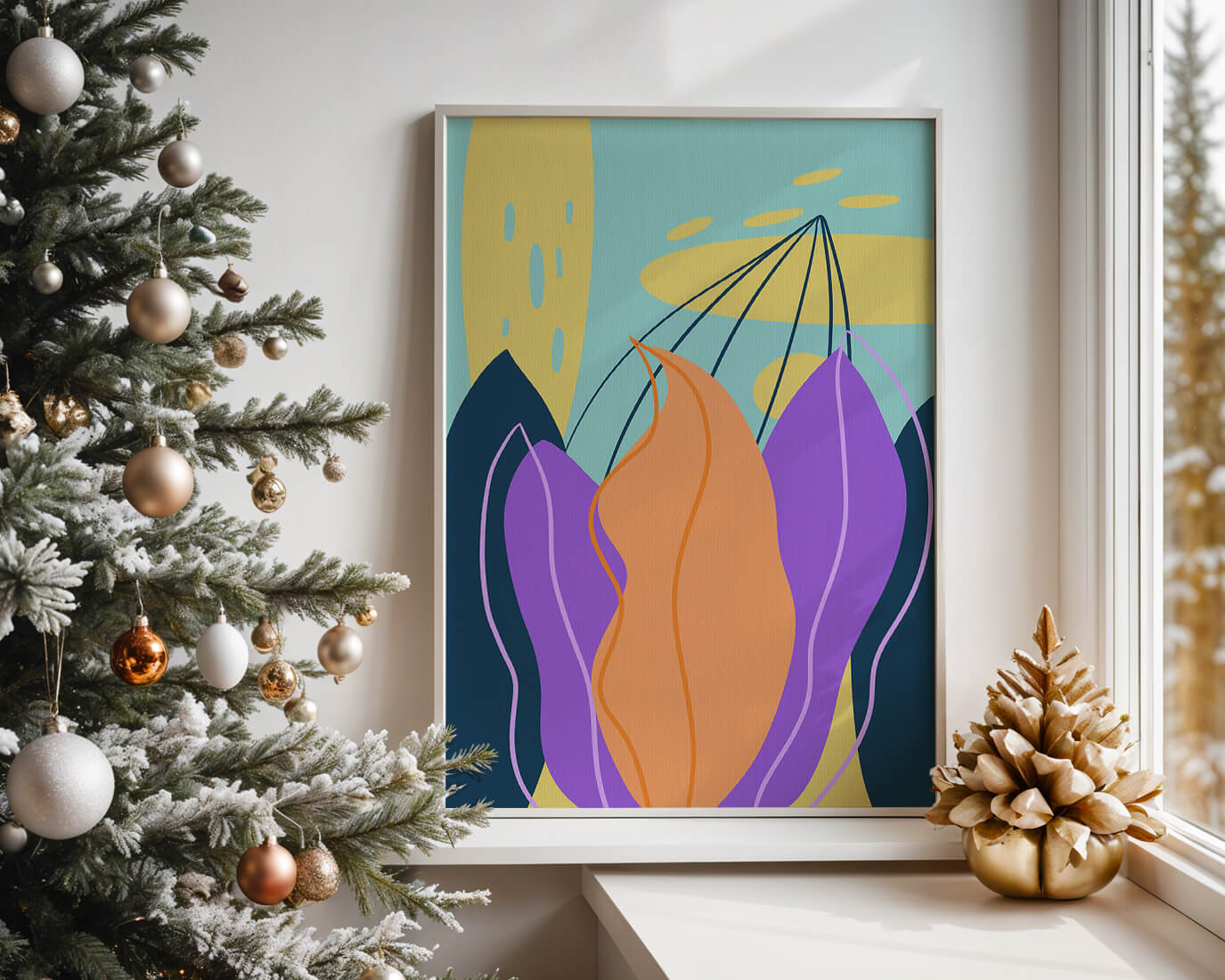 Abstract floral illustration with vibrant colors and geometric shapes
