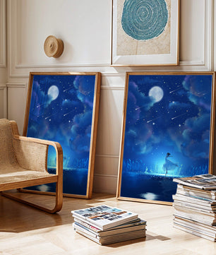 Cielo nocturno soñador con figura danzante y luz de luna brillante