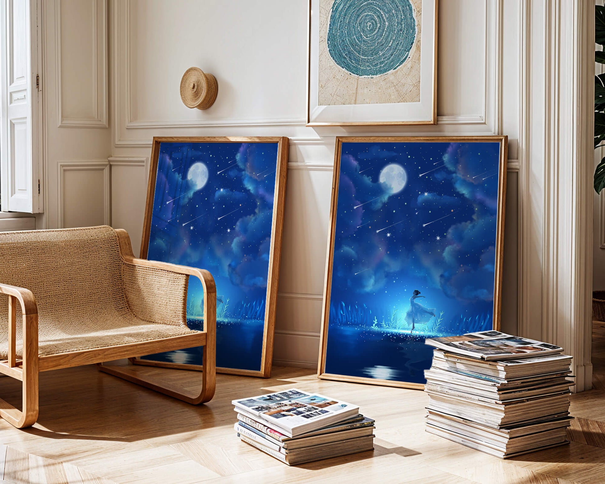 Cielo nocturno soñador con figura danzante y luz de luna brillante