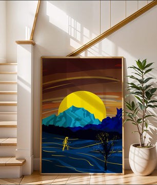 Paisaje surrealista con una puesta de sol vibrante y silueta