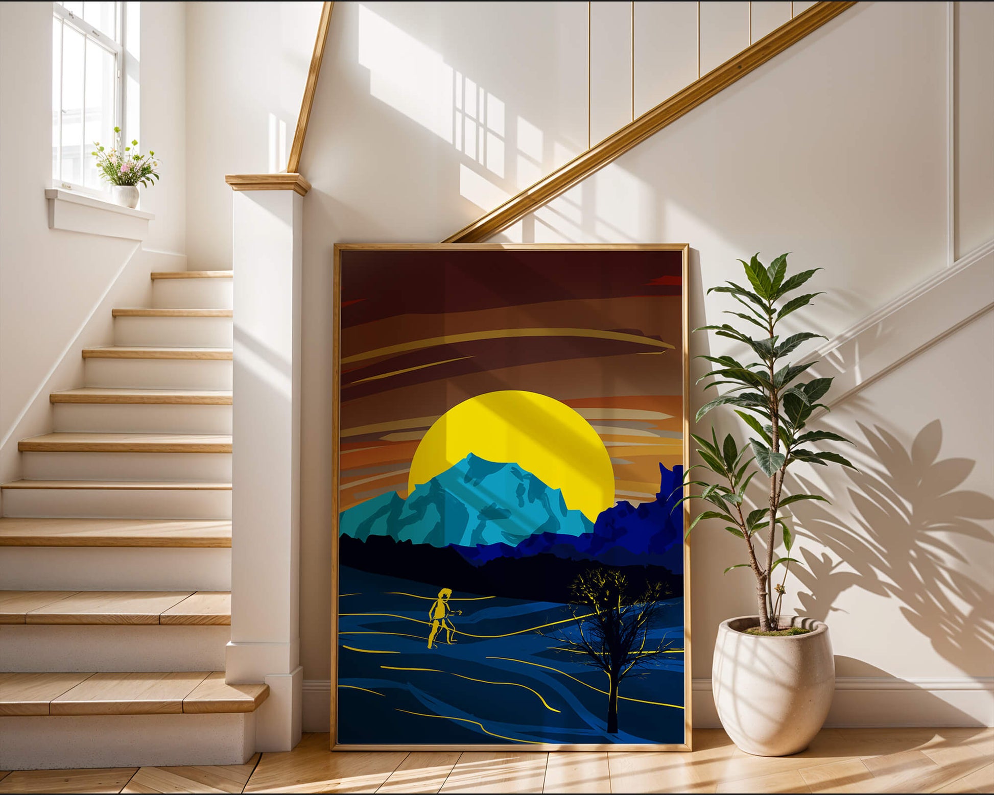 Surreal landscape with a vibrant sunset and silhouette