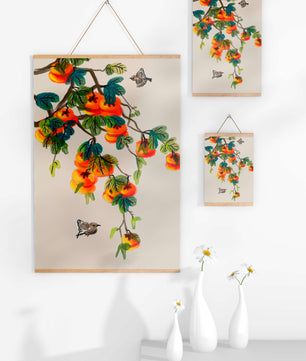 Branch with vibrant persimmons and birds illustration