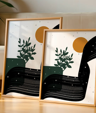 L'œuvre d'art abstraite de la nature avec une silhouette de plante et des formes géométriques
