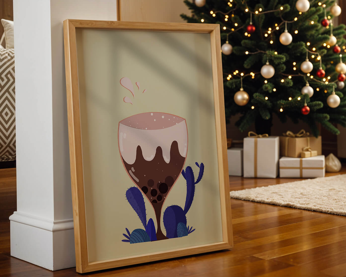 Illustration of a whimsical wine glass with liquid splash and purple plants