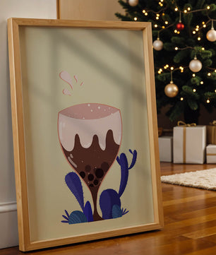 Illustration eines skurrilen Weinglases mit Flüssigkeitsspritzern und violetten Pflanzen