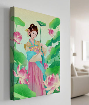 Traditional Asian woman in a garden surrounded by lotus flowers and green leaves