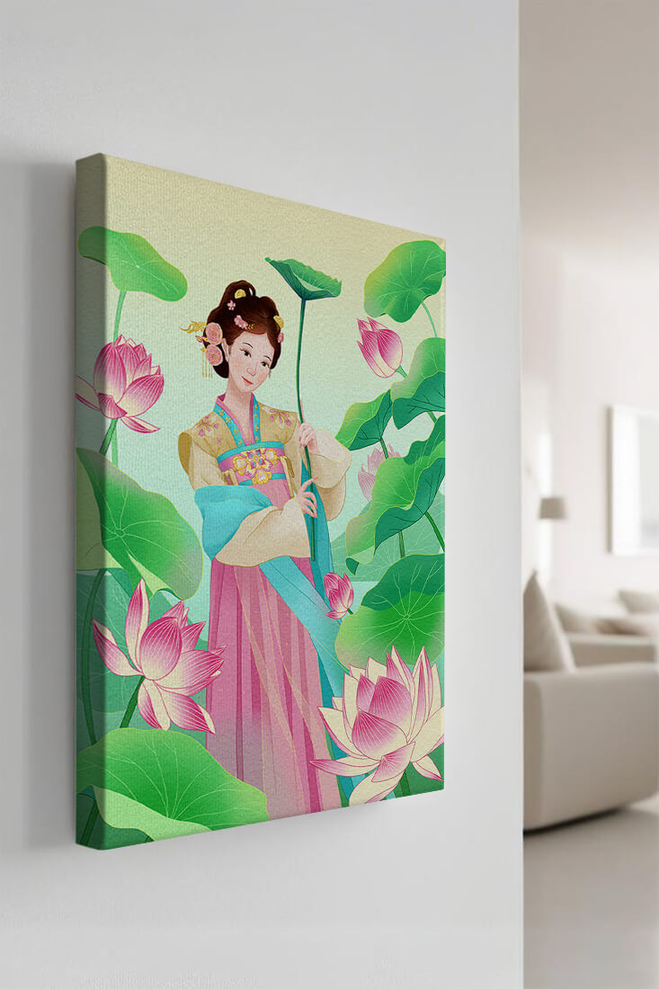 Traditional Asian woman in a garden surrounded by lotus flowers and green leaves