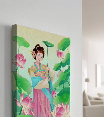 Traditional Asian woman in a garden surrounded by lotus flowers and green leaves