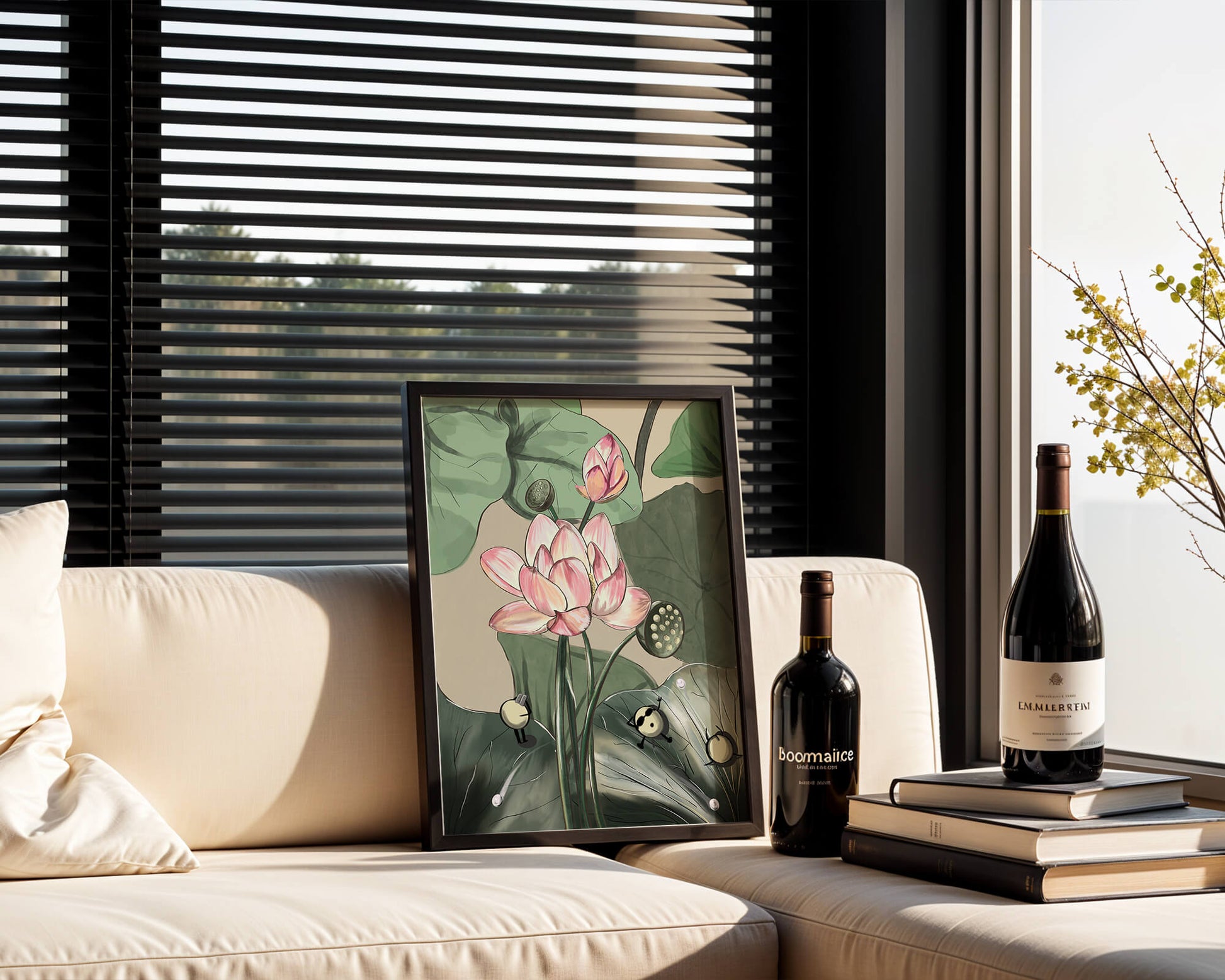 Illustrated lotus with playful cartoon bees in a serene garden